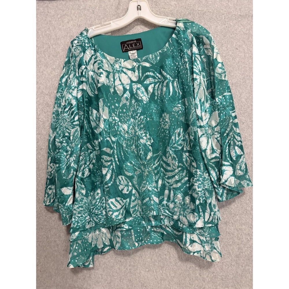 Alex Evenings Blouse Womens 2X Green Floral Chiffon Layered Ruffle Tunic Top